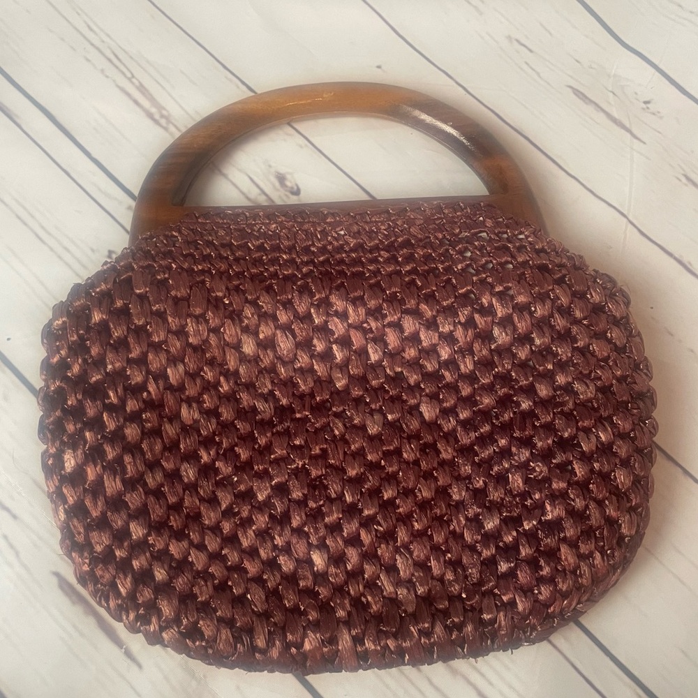 Vintage Woven Straw Wood Handle Bermuda Style Bag Purse Handbag